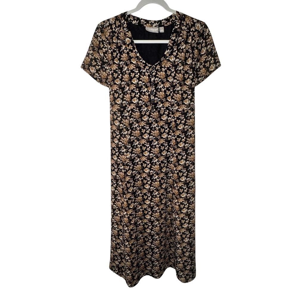 Croft & Barrow Floral Midi Dress Womens 8 Black Brown V Neck Short Sleeve NWT